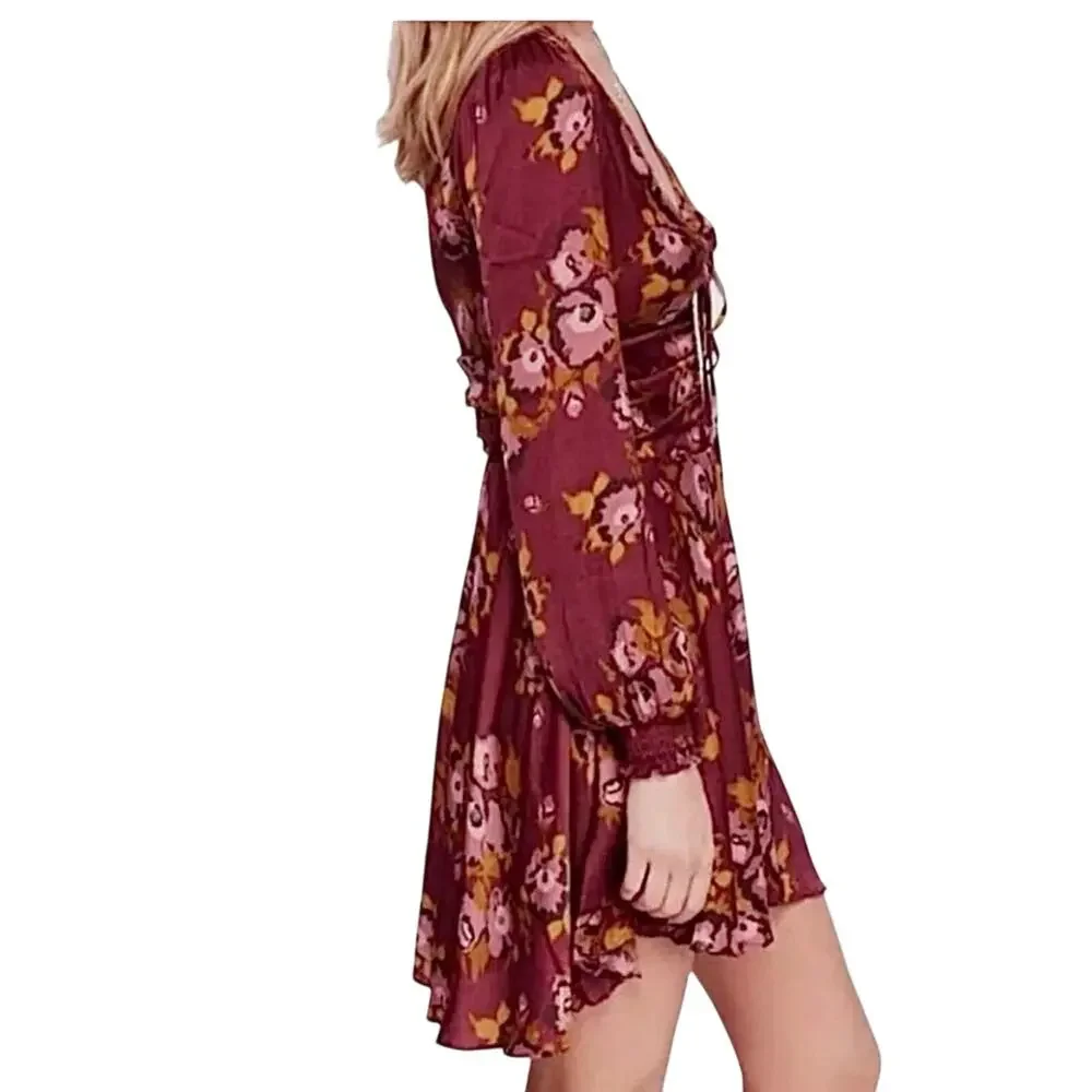 Free People Morning Light Dress 6 Mauve Floral Polka Dot Satin Keyhole Boho
